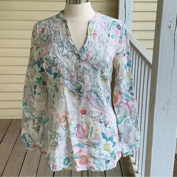 Malvin 100% Linen Top Size Small US 6 Long Sleeve Floral Print Blouse Boho - Picture 1 of 8